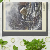 池の冬の初めのスケーター、ビンテージクリスマス キッチンタオル (折り畳み)