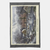 池の冬の初めのスケーター、ビンテージクリスマス キッチンタオル (縦)