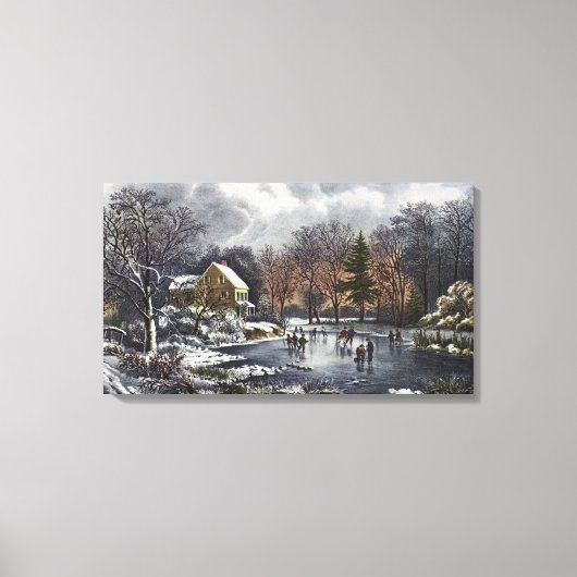 池の冬の初めのスケーター、ビンテージクリスマス キャンバスプリント (正面)