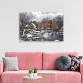 池の冬の初めのスケーター、ビンテージクリスマス キャンバスプリント (インサイチュ (リビング))