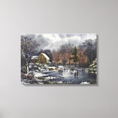 池の冬の初めのスケーター、ビンテージクリスマス キャンバスプリント (正面)