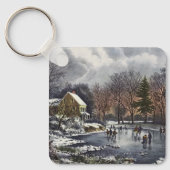 池の冬の初めのスケーター、ビンテージクリスマス キーホルダー (正面)