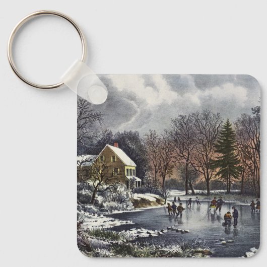 池の冬の初めのスケーター、ビンテージクリスマス キーホルダー (正面)