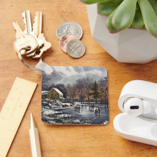 池の冬の初めのスケーター、ビンテージクリスマス キーホルダー (デスク)