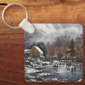 池の冬の初めのスケーター、ビンテージクリスマス キーホルダー (正面)