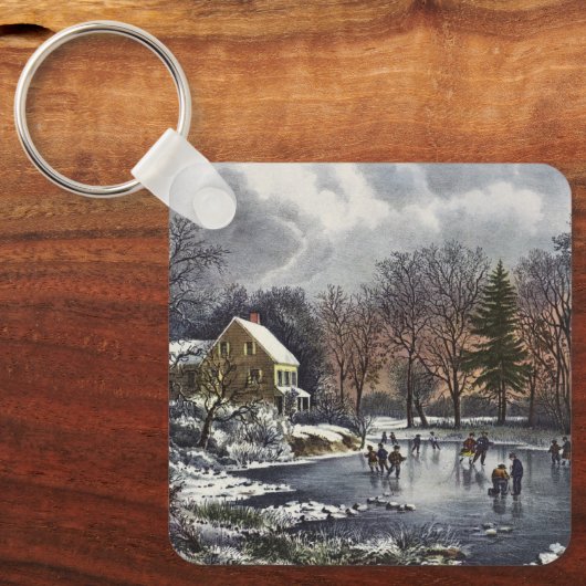 池の冬の初めのスケーター、ビンテージクリスマス キーホルダー (正面)