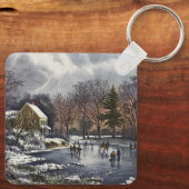 池の冬の初めのスケーター、ビンテージクリスマス キーホルダー (裏面)