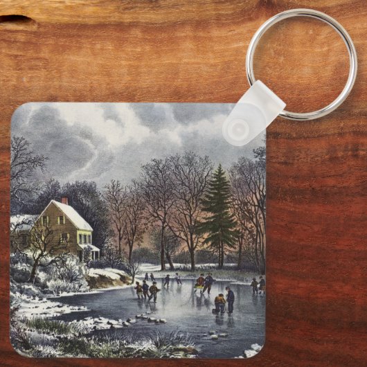 池の冬の初めのスケーター、ビンテージクリスマス キーホルダー (裏面)