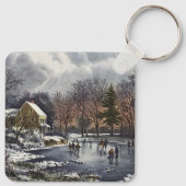 池の冬の初めのスケーター、ビンテージクリスマス キーホルダー (裏面)