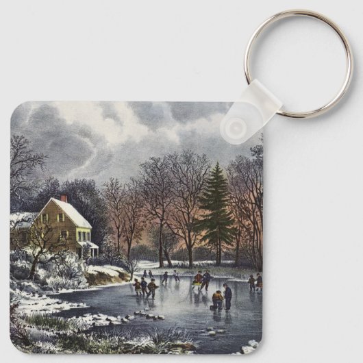 池の冬の初めのスケーター、ビンテージクリスマス キーホルダー (裏面)