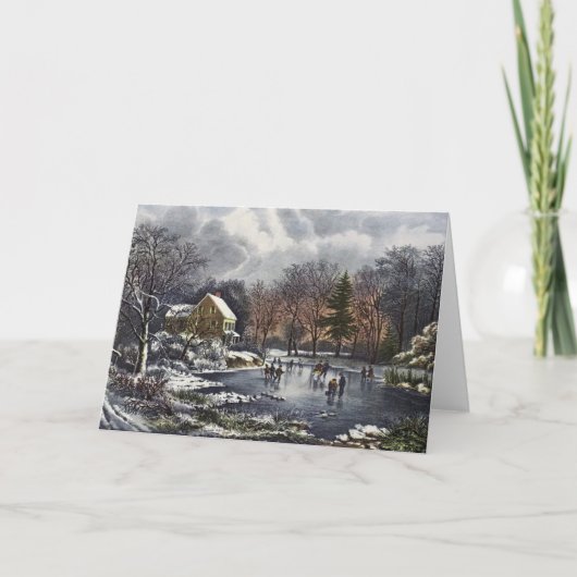 池の冬の初めのスケーター、ビンテージクリスマス シーズンカード (正面)