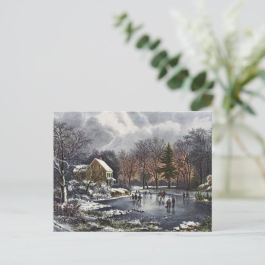 池の冬の初めのスケーター、ビンテージクリスマス シーズンポストカード (スタンド正面)