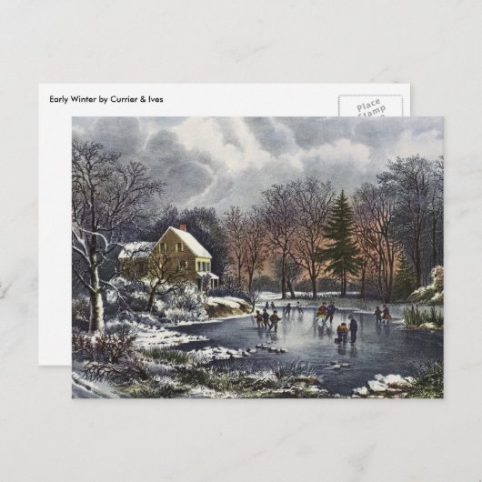池の冬の初めのスケーター、ビンテージクリスマス シーズンポストカード (正面/裏面)