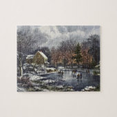 池の冬の初めのスケーター、ビンテージクリスマス ジグソーパズル (横)