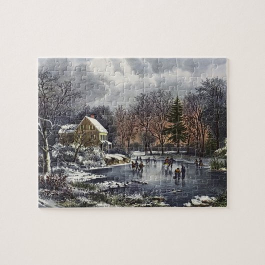 池の冬の初めのスケーター、ビンテージクリスマス ジグソーパズル (横)