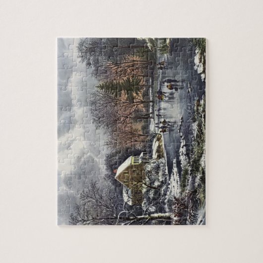 池の冬の初めのスケーター、ビンテージクリスマス ジグソーパズル (縦)