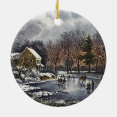 池の冬の初めのスケーター、ビンテージクリスマス セラミックオーナメント (裏面)