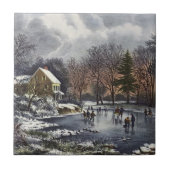 池の冬の初めのスケーター、ビンテージクリスマス タイル (正面)