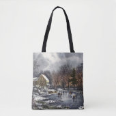 池の冬の初めのスケーター、ビンテージクリスマス トートバッグ (正面)