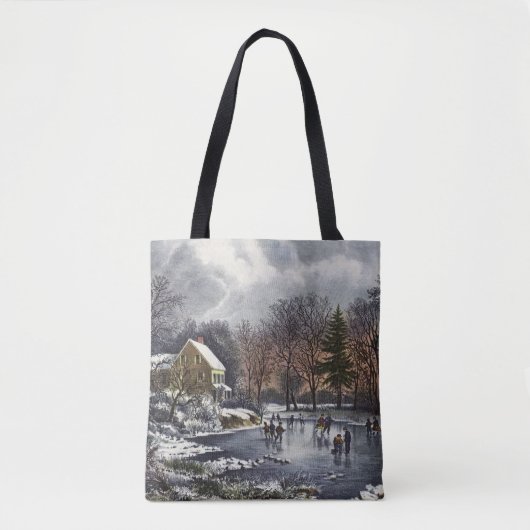 池の冬の初めのスケーター、ビンテージクリスマス トートバッグ (正面)