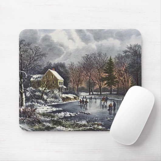 池の冬の初めのスケーター、ビンテージクリスマス マウスパッド (マウス)