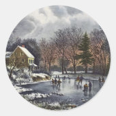 池の冬の初めのスケーター、ビンテージクリスマス ラウンドシール (正面)