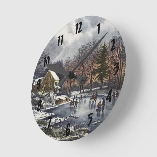 池の冬の初めのスケーター、ビンテージクリスマス ラウンド壁時計 (傾斜)