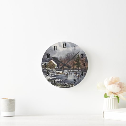 池の冬の初めのスケーター、ビンテージクリスマス ラウンド壁時計 (ホーム)