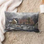 池の冬の初めのスケーター、ビンテージクリスマス ランバークッション (ブランケット)