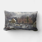 池の冬の初めのスケーター、ビンテージクリスマス ランバークッション (正面)