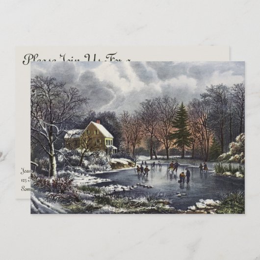 池の冬の初めのスケーター、ビンテージクリスマス 招待状 (正面/裏面)