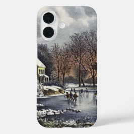 池の冬の初めのスケーター、ビンテージクリスマス iPhone 16ケース