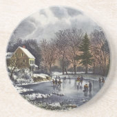 池の冬の初期スケーターのビンテージクリスマス コースター (正面)