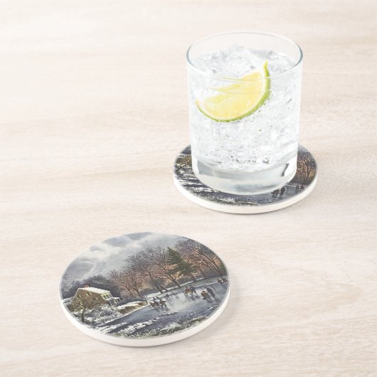 池の冬の初期スケーターのビンテージクリスマス コースター (側面)