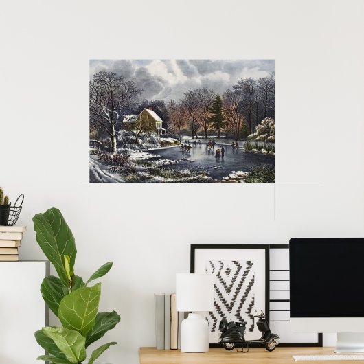 池の冬の初期スケーターのビンテージクリスマス ポスター (ホームオフィス)