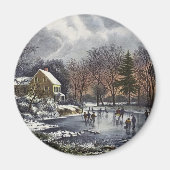 池の冬の初期スケーターのビンテージクリスマス マグネット (正面)