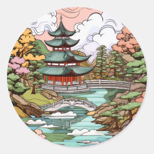 池の反射：寺と橋の芸術 ラウンドシール (正面)