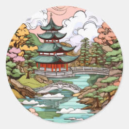 池の反射：寺と橋の芸術 ラウンドシール