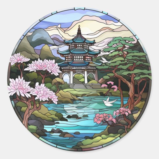 池の反射: 日本のお寺ステッカーセット ラウンドシール (正面)