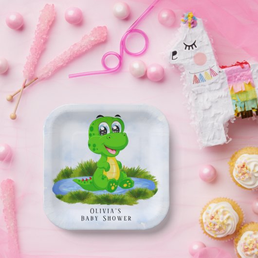 池の小さなかわいいアリゲーター赤ちゃんシャワーカスタム ペーパープレート (パーティー)