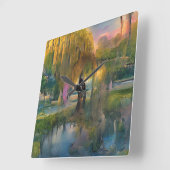 池の横の日没のゴールデンウィローの抽象芸術 スクエア壁時計 (傾斜)