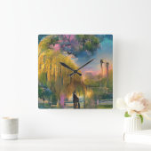 池の横の日没のゴールデンウィローの抽象芸術 スクエア壁時計 (ホーム)