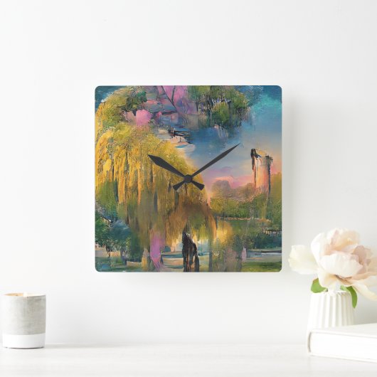 池の横の日没のゴールデンウィローの抽象芸術 スクエア壁時計 (ホーム)