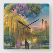 池の横の日没のゴールデンウィローの抽象芸術 スクエア壁時計 (正面)