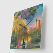 池の横の日没のゴールデンウィローの抽象芸術 スクエア壁時計 (傾斜)