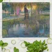 池の横の日没の黄金の柳 キッチンタオル (折り畳み)