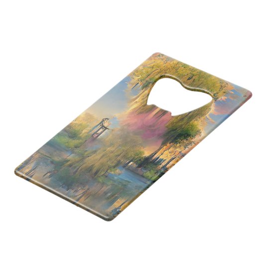 池の横の日没の黄金の柳 クレジットカード栓抜き (裏面アングル)