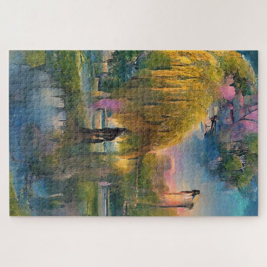 池の横の日没の黄金の柳 ジグソーパズル (横)