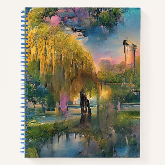 池の横の日没の黄金の柳 ノートブック (正面)