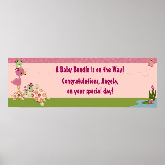 池の水の上に亀の赤ちゃんシャワーのバナー ポスター (正面)